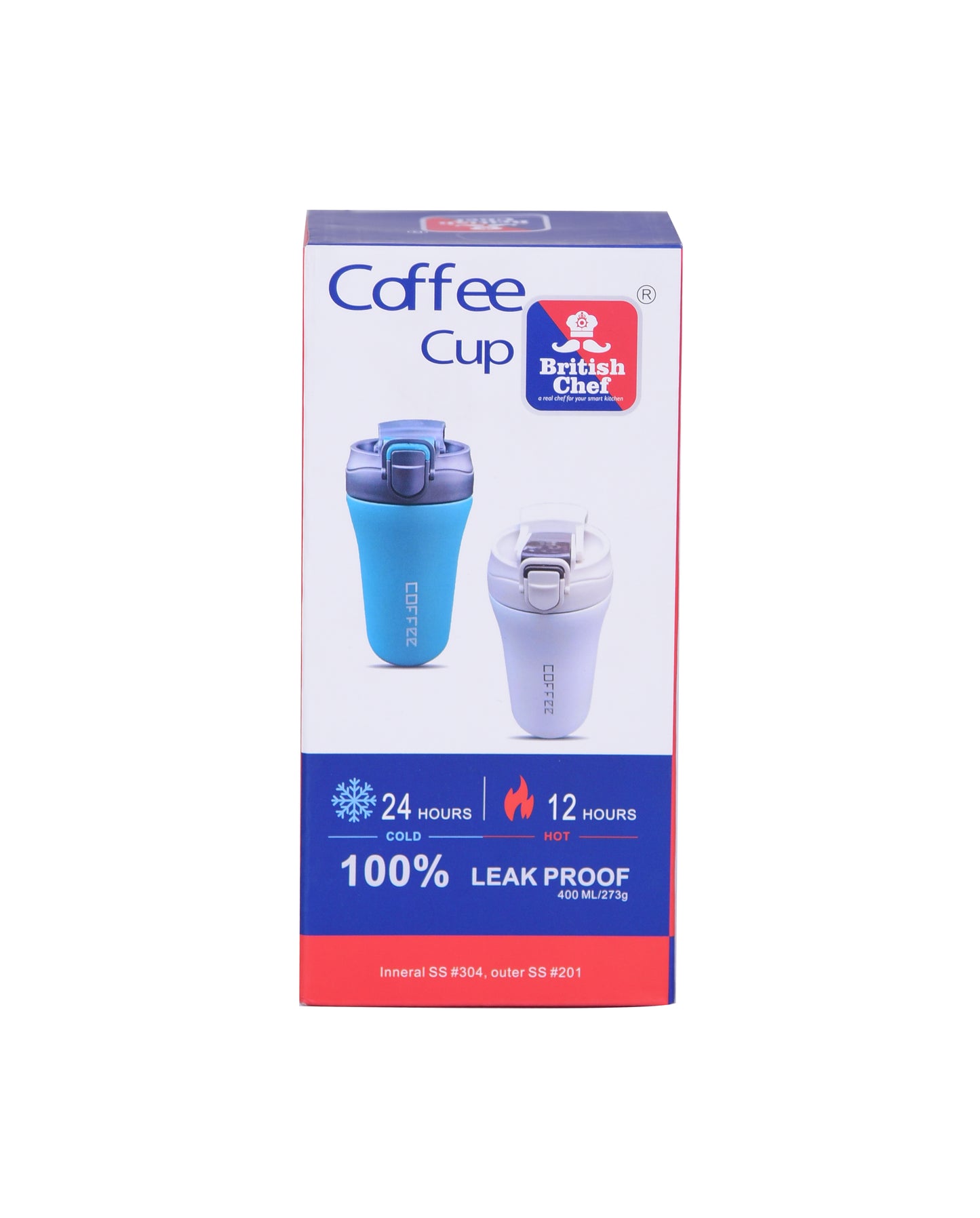 BRITISH CHEF Coffee Cup | 400ML Stainless Steel Cup | Leakproof Insulated Thermal Coffee Cup | Straw & Lid Function Cup | Hiking/Travelling/Camping | Best for Ice Drinks & Hot Beverages - BC323