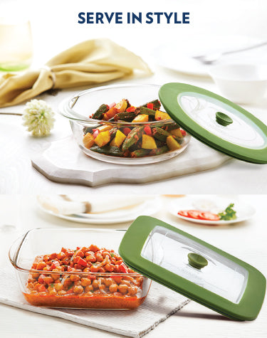 BOROSIL Easy Grip Round & Square Cake Baking Serving Dish With Green Lid | Microwavable | Oven | Dishwasher Proof | Transparent  | 1L