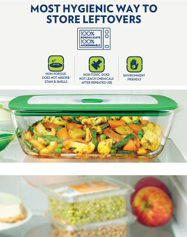 BOROSIL Easy Grip Round & Square Cake Baking Serving Dish With Green Lid | Microwavable | Oven | Dishwasher Proof | Transparent  | 1L