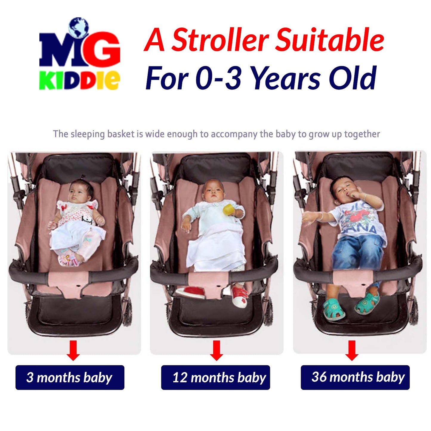 MG Kiddie 0-3 years Baby Kids Travel stroller with Adjustable Reversible handle Large Storage Basket Front tray Linen Canopy adjustable Backrest - 9912F
