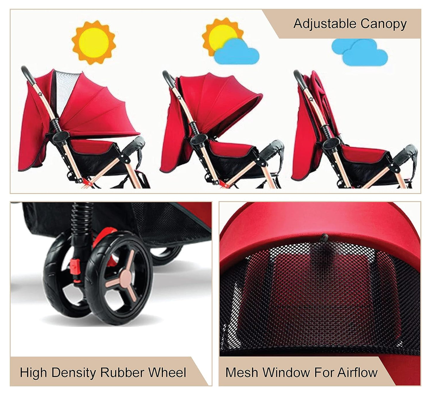 MG Kiddie 0-3 years Baby/Kids Travel Stroller with Adjustable/Reversible handle, Large Storage Basket, Front tray, Linen Canopy, Adjustable Backrest - 602B