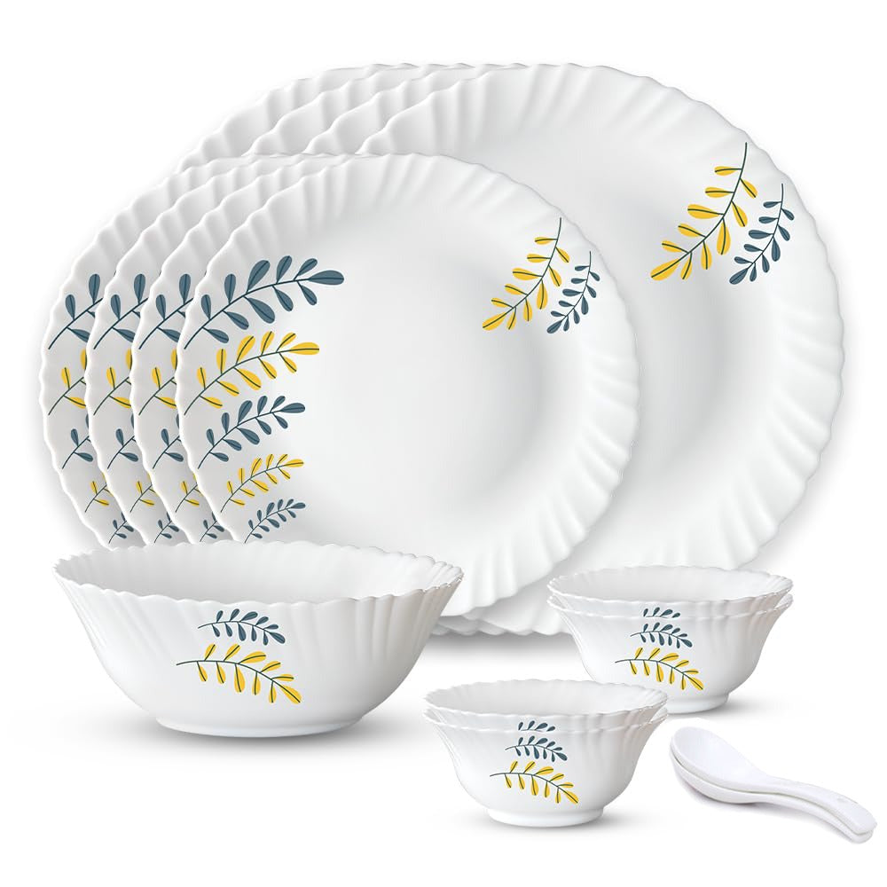 BRITISH CHEF 15 Pieces Opalware Dinner Sets Microwave  Dishwasher Safe Dinnerware set with 4 Full Plate-4 Side Plate-4 Vegetable Bowl-1 Serving Bowl-2 Spoons - BC2011