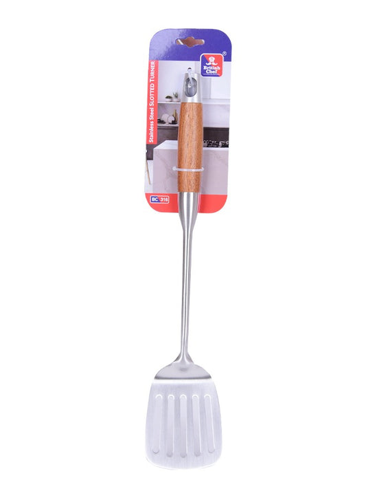 BRITISH CHEF Stainless Steel Skimmer | Wooden Handle | Slot Spoon Oil Skimmer | Long Handle Skimmer Spoon | Non-Stick | Heat Resistant | Dishwasher Safe | BC315