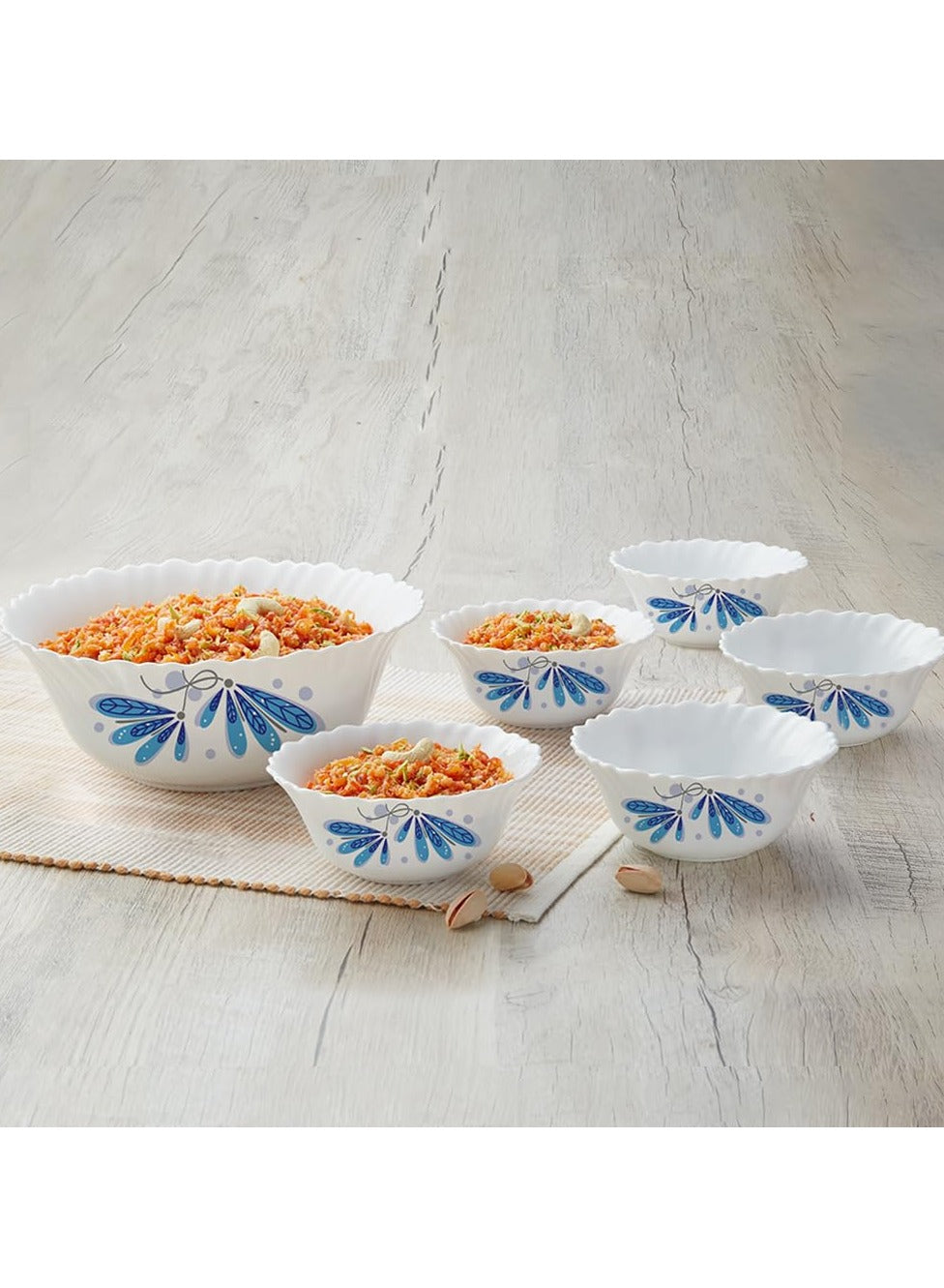 BRITISH CHEF 7 Piece Opalware Red Lily Pudding Set | 1 Piece Serving & 6 Piece Veg Bowls | Microwave & Dishwasher Safe| Chip & Scratch Resistant | WHITE - BC2010PS