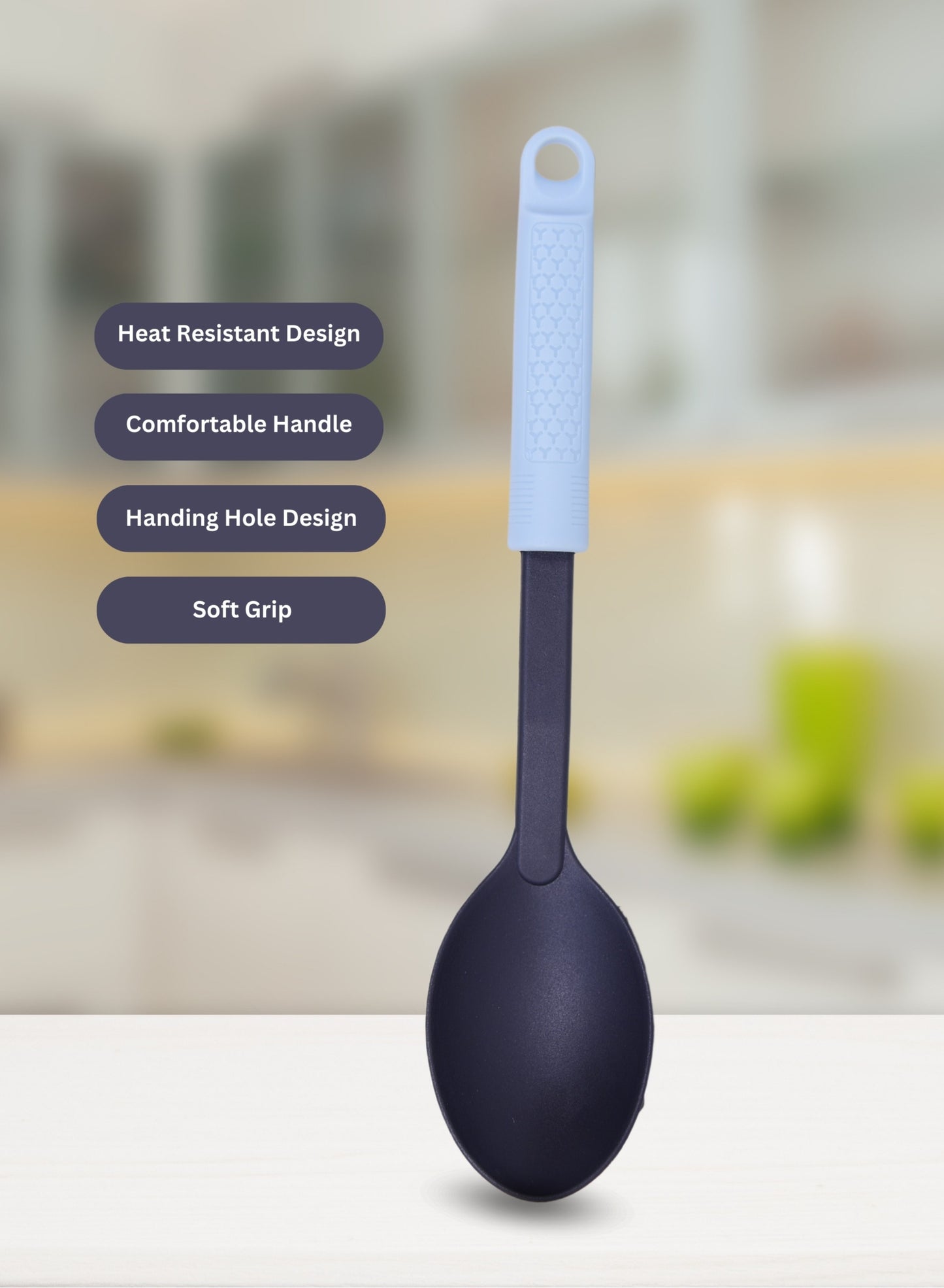 BRITISH CHEF Nylon Solid Spoon - Anti-Scratch for Non-Stick Pans | Soft Grip Silicone Handle | Ideal Cooking Utensil | Comfortable Handle | Dishwasher Safe - BC333