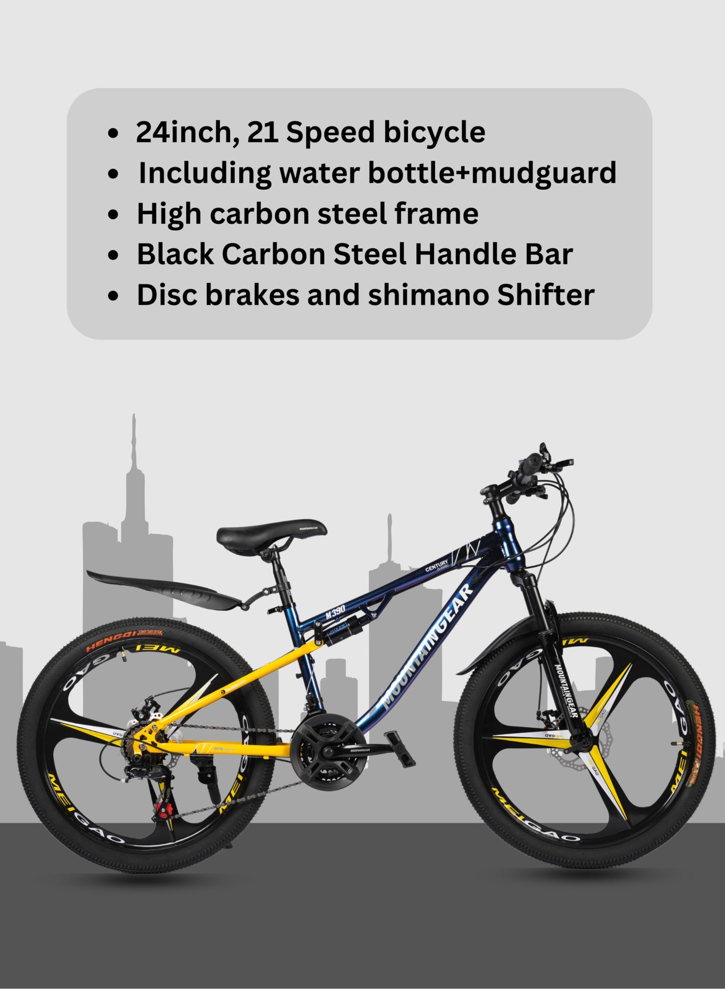MOUNTAIN GEAR 21-Speed MTB Mountain Bike | 24-Inch Bicycle with High Carbon Steel Frame | Mag Wheel | Disc Brakes | 38 Shock-Absorbing Front Fork | TX-30 Shimano Shifters | PVC Pedals | MTB Seat - MGR311381