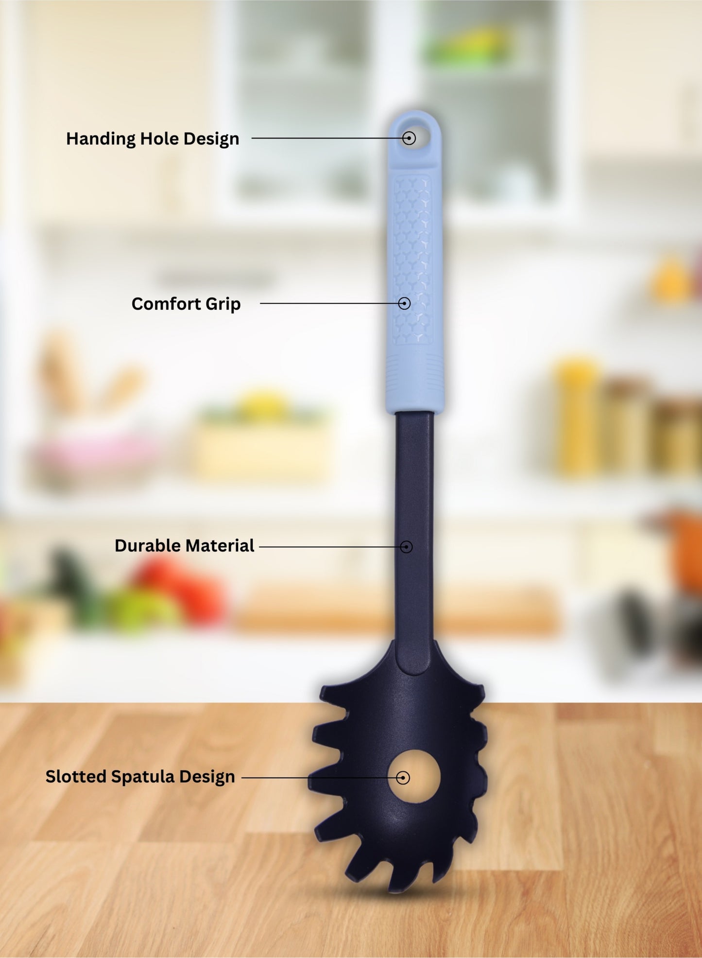 BRITISH CHEF Non-Stick Pasta Spoon | Heat Resistant Nylon with Ergonomic Handle | Soft Grip Silicone Handle | Ideal Cooking Utensil | Comfortable Handle | Dishwasher Safe - BC334