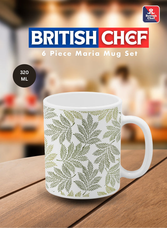 British Chef 6 Piece Opalware Plano Tea & Coffee Mug Set 320ML | Microwave & Dishwasher Safe | Freeze Resistant - BC2031