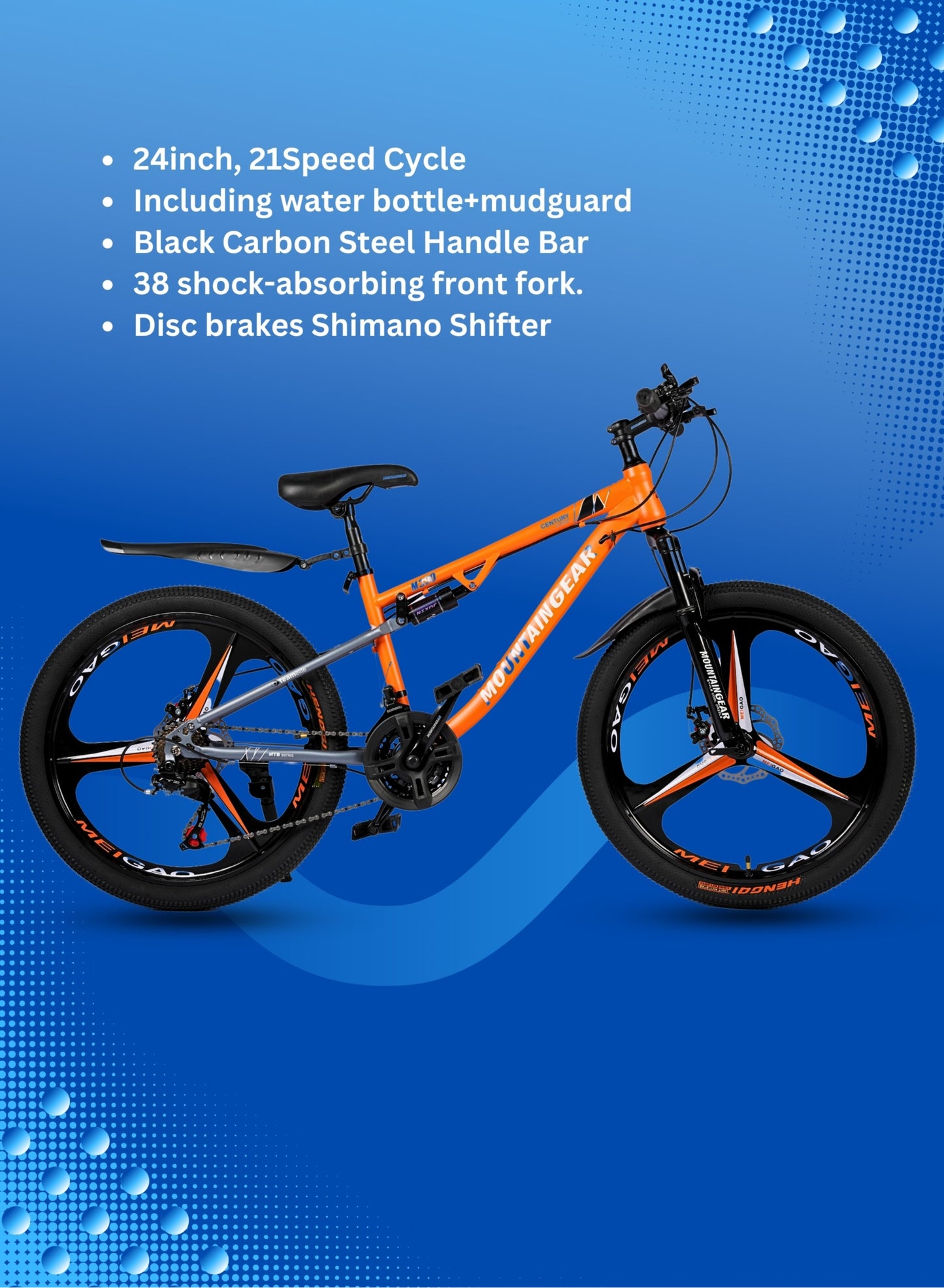 MOUNTAIN GEAR 21-Speed MTB Mountain Bike | 24-Inch Bicycle with High Carbon Steel Frame | Mag Wheel | Disc Brakes | 38 Shock-Absorbing Front Fork | TX-30 Shimano Shifters | PVC Pedals | MTB Seat - MGR311381