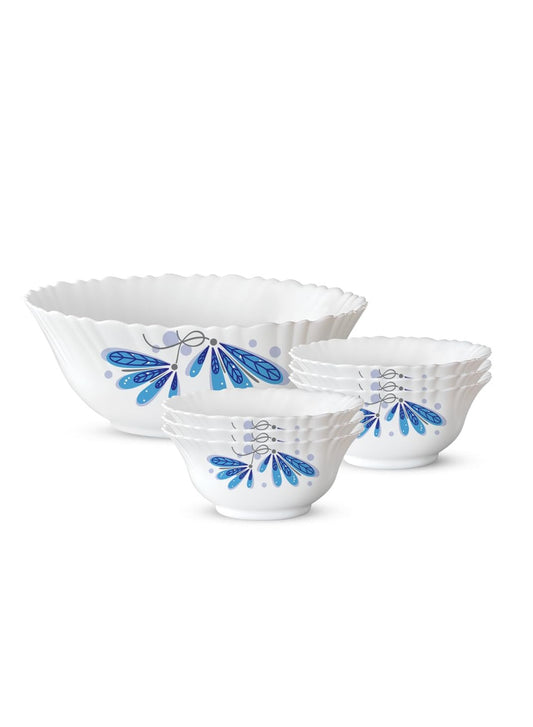 BRITISH CHEF 7 Piece Opalware Red Lily Pudding Set | 1 Piece Serving & 6 Piece Veg Bowls | Microwave & Dishwasher Safe| Chip & Scratch Resistant | WHITE - BC2010PS