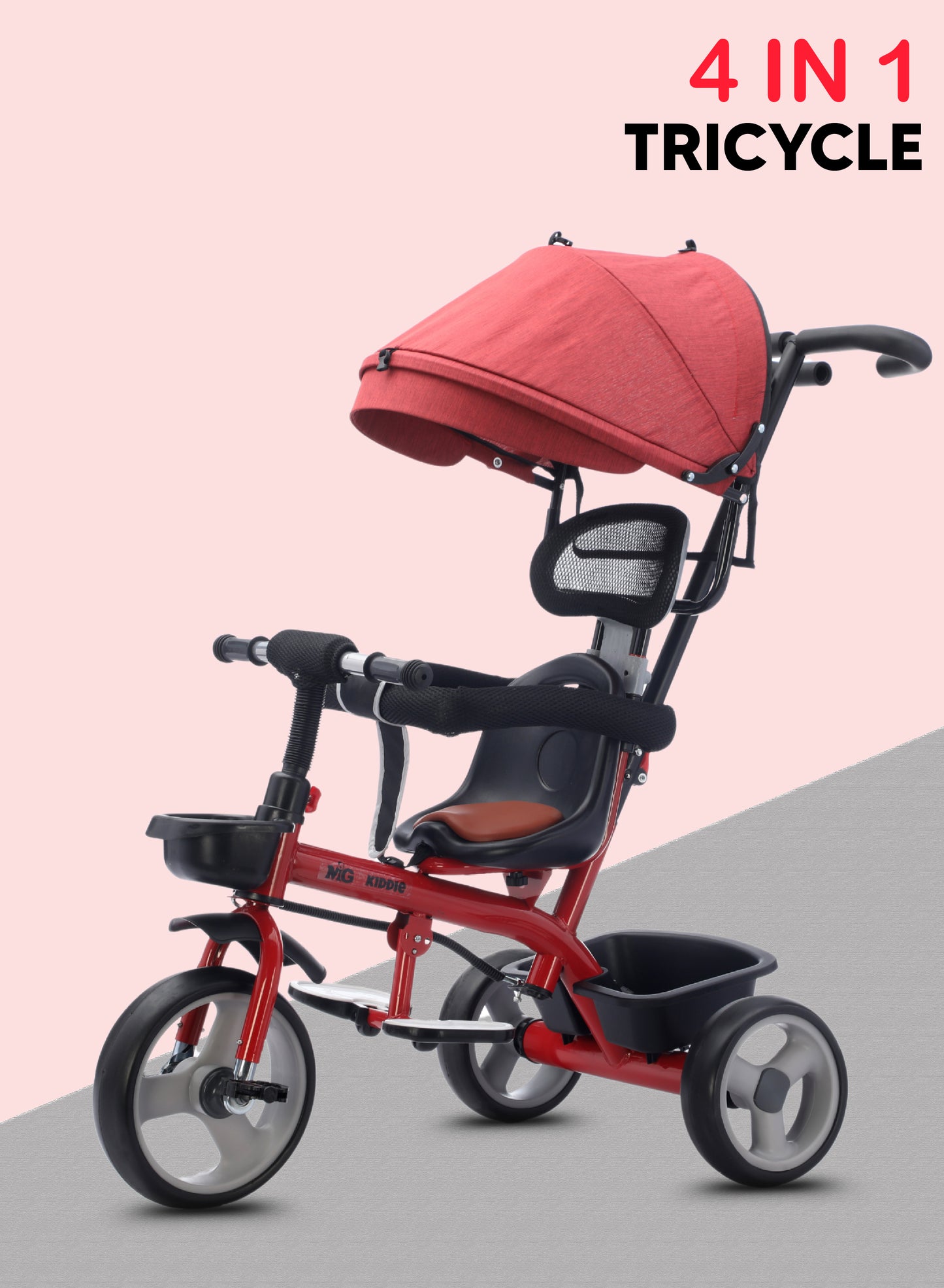 MG Folding Toddler Tricycle For 1-5 Years Old| 4-in-1 Kids Stroller Trolley | 360° Swivel Seat | Removable Push Handle | Rear Wheel Dual Brakes | Adjustable Canopy & Storage - MGT914 Red