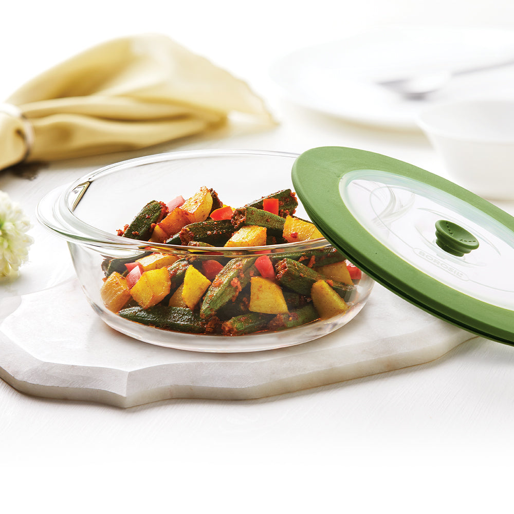 BOROSIL Easy Grip Round & Square Cake Baking Serving Dish With Green Lid | Microwavable | Oven | Dishwasher Proof | Transparent  | 1L