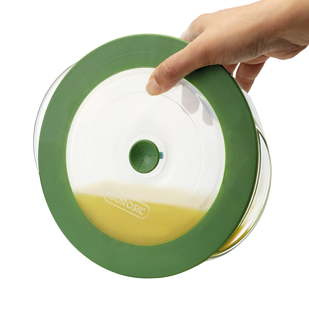 BOROSIL Easy Grip Round & Square Cake Baking Serving Dish With Green Lid | Microwavable | Oven | Dishwasher Proof | Transparent  | 1L
