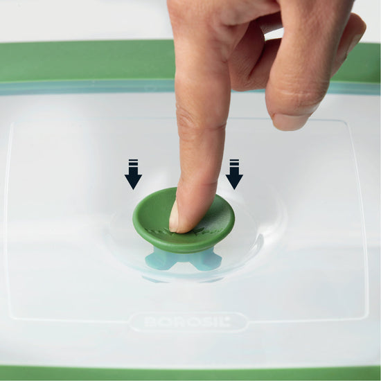 BOROSIL Easy Grip Round & Square Cake Baking Serving Dish With Green Lid | Microwavable | Oven | Dishwasher Proof | Transparent  | 1L