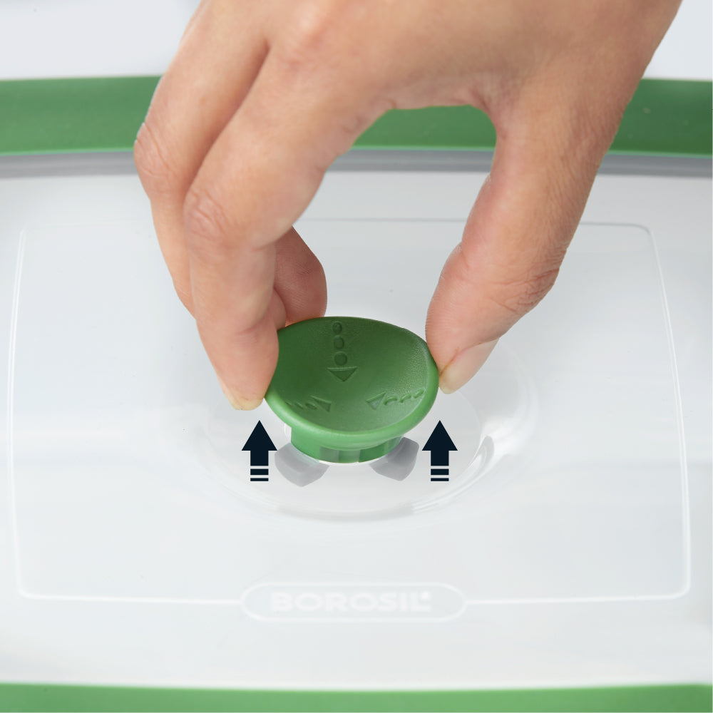 BOROSIL Easy Grip Round & Square Cake Baking Serving Dish With Green Lid | Microwavable | Oven | Dishwasher Proof | Transparent  | 1L