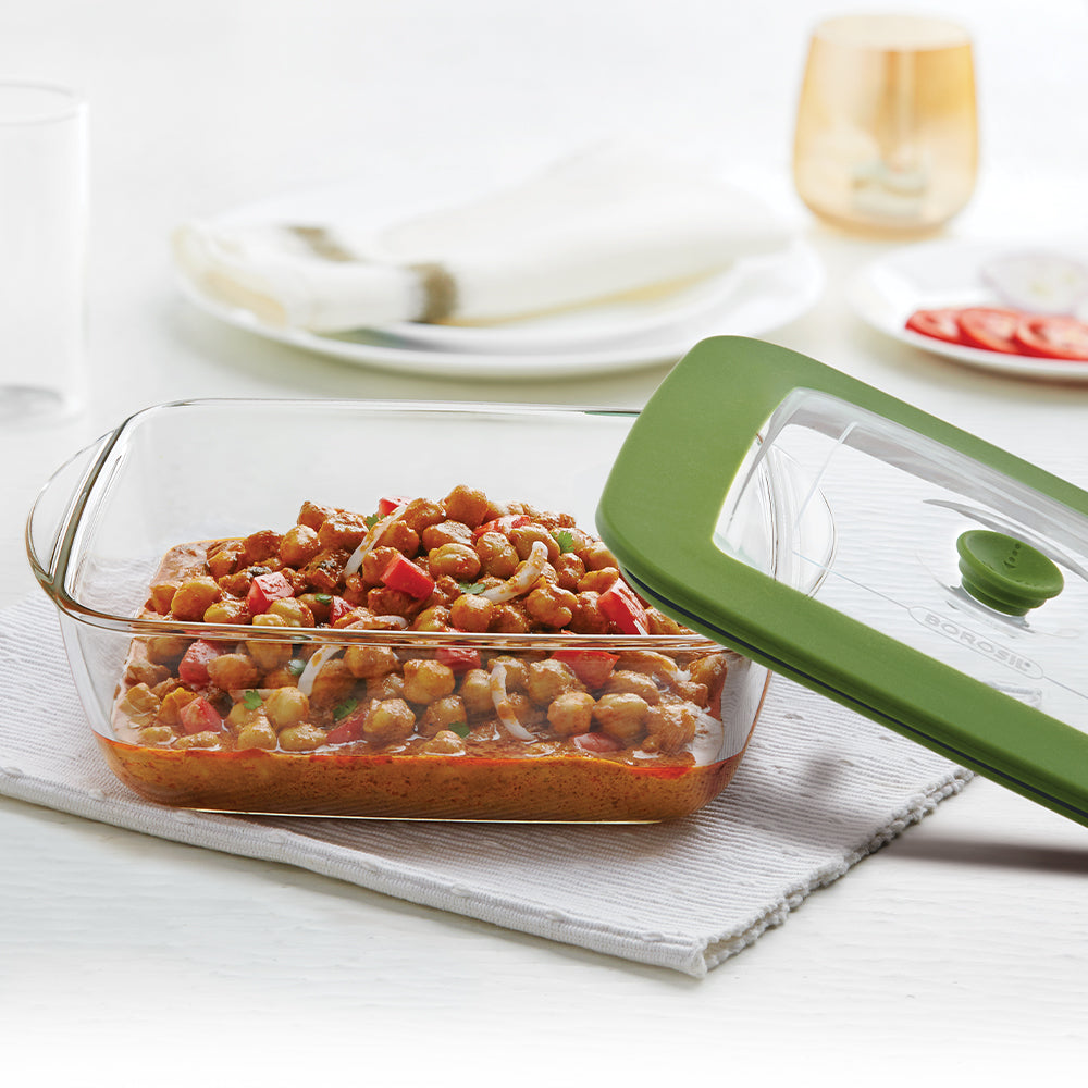 BOROSIL Easy Grip Round & Square Cake Baking Serving Dish With Green Lid | Microwavable | Oven | Dishwasher Proof | Transparent  | 1L