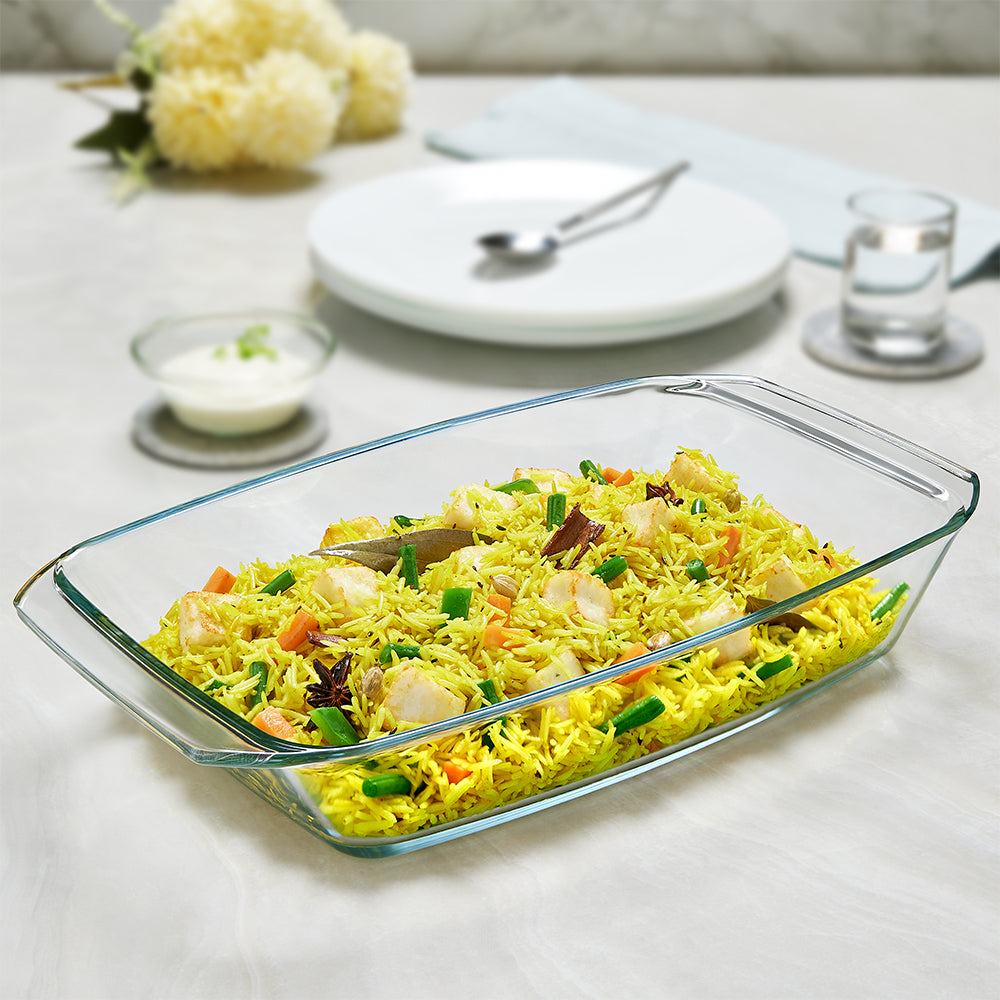 BOROSIL Deep Rectangular Baking Dish With Handle | Microwavable | Oven | Dishwasher Proof | Transparent | 1L | ICY22RD0122EX