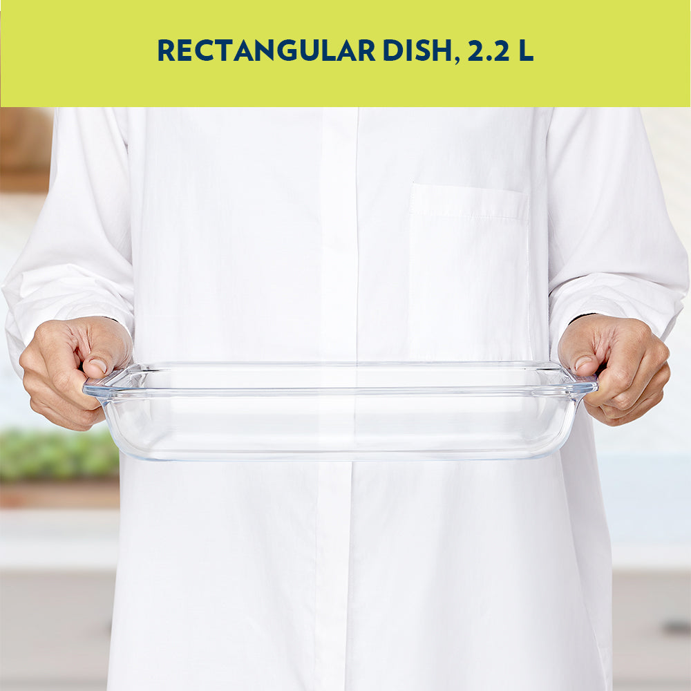 BOROSIL Deep Rectangular Baking Dish With Handle | Microwavable | Oven | Dishwasher Proof | Transparent | 1L | ICY22RD0122EX