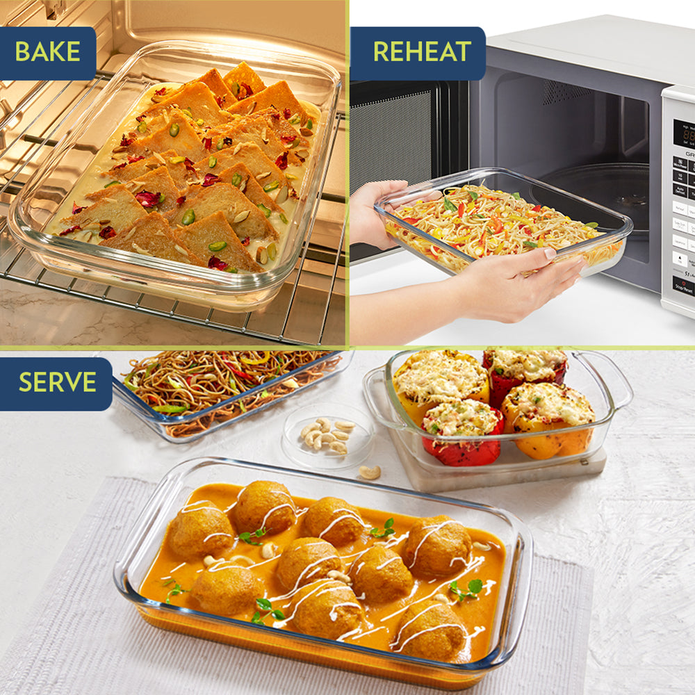 BOROSIL Deep Rectangular Baking Dish With Handle | Microwavable | Oven | Dishwasher Proof | Transparent | 1L | ICY22RD0122EX
