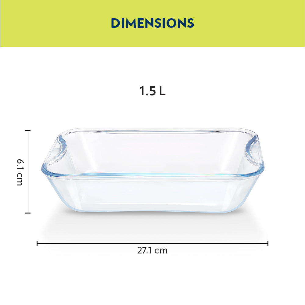 BOROSIL Easy Grip Rectangular Baking Dish | Microwavable | Oven | Dishwasher Proof | Transparent  | 1.5L | IH22RBD7215EX