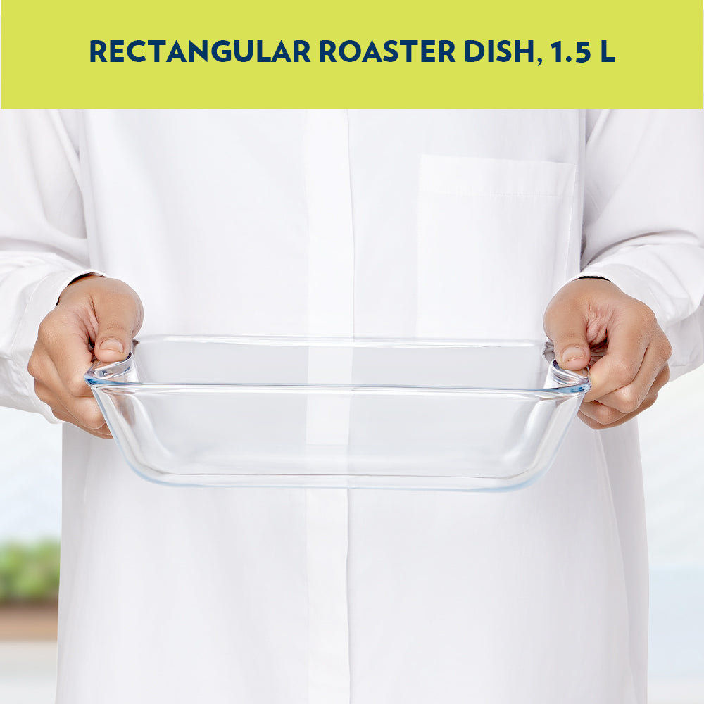 BOROSIL Easy Grip Rectangular Baking Dish | Microwavable | Oven | Dishwasher Proof | Transparent  | 1.5L | IH22RBD7215EX
