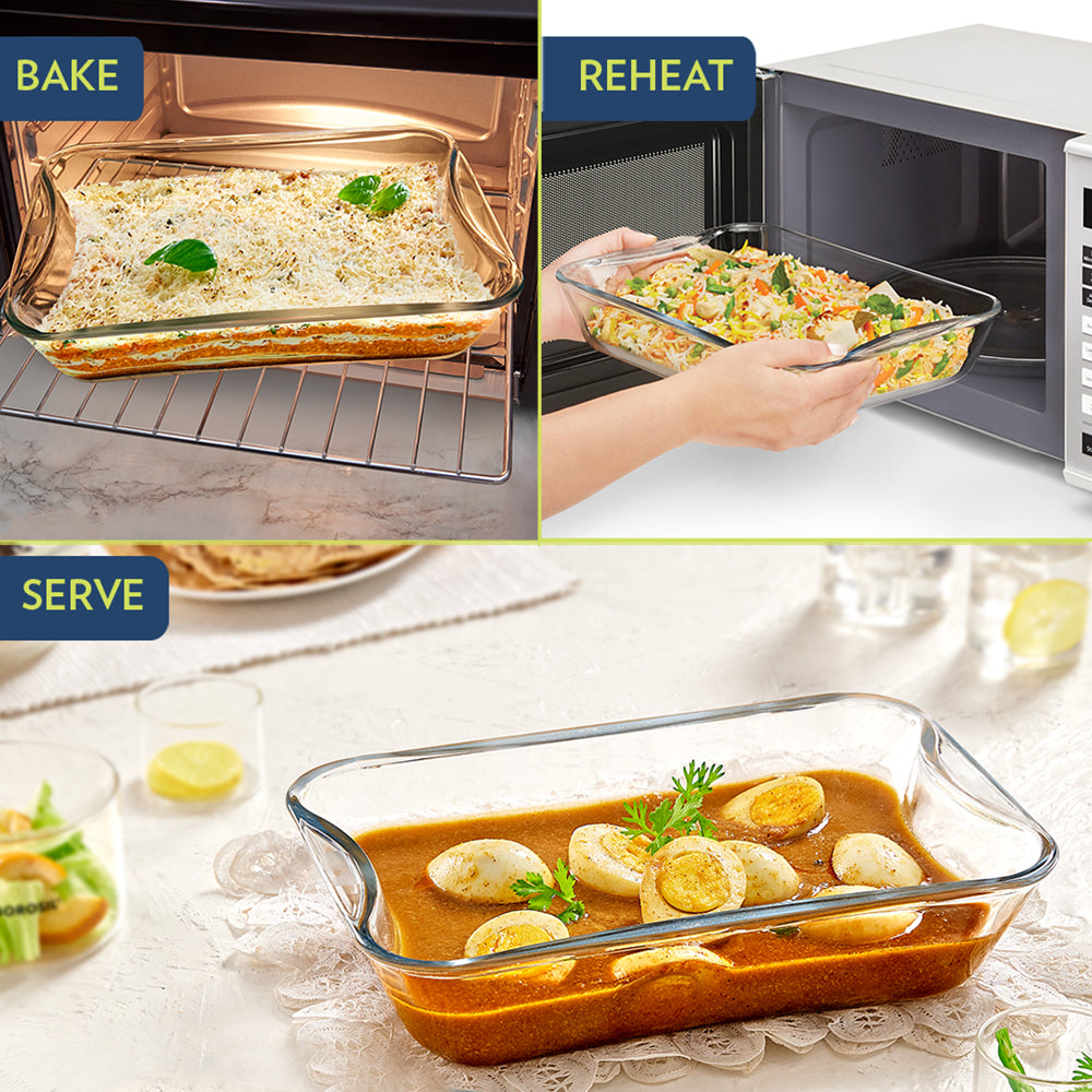 BOROSIL Easy Grip Rectangular Dish With Handle | Microwaveble | Oven | Dishwasher Proof | Transparent | 2.5L | IH22RCR7225EX