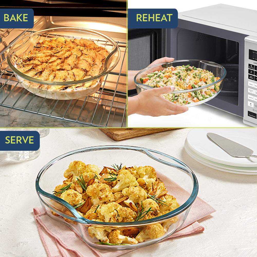 BOROSIL Easy Grip Round Baking Dish | Microwavable | Oven | Dishwasher Proof | Transparent  | 2.5L | IH22RBD7225EX