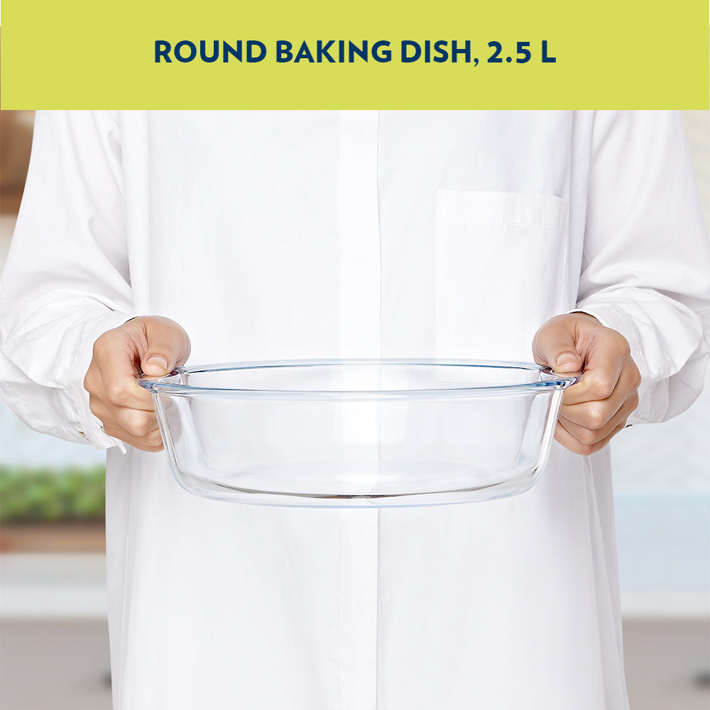 BOROSIL Easy Grip Round Baking Dish | Microwavable | Oven | Dishwasher Proof | Transparent  | 2.5L | IH22RBD7225EX