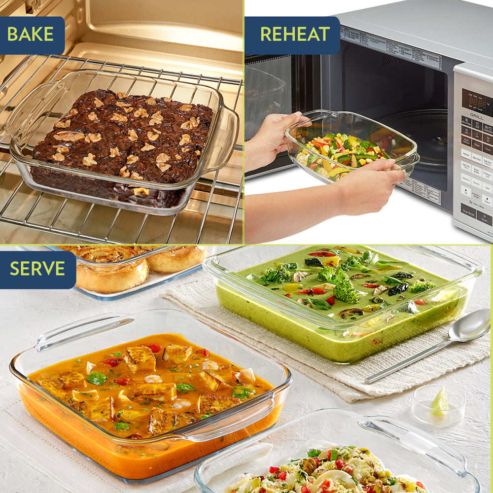BOROSIL Square Baking Dish With Handle | Microwavable | Oven | Dishwasher Proof | Transparent | 1.6L | IH22DH12216EX