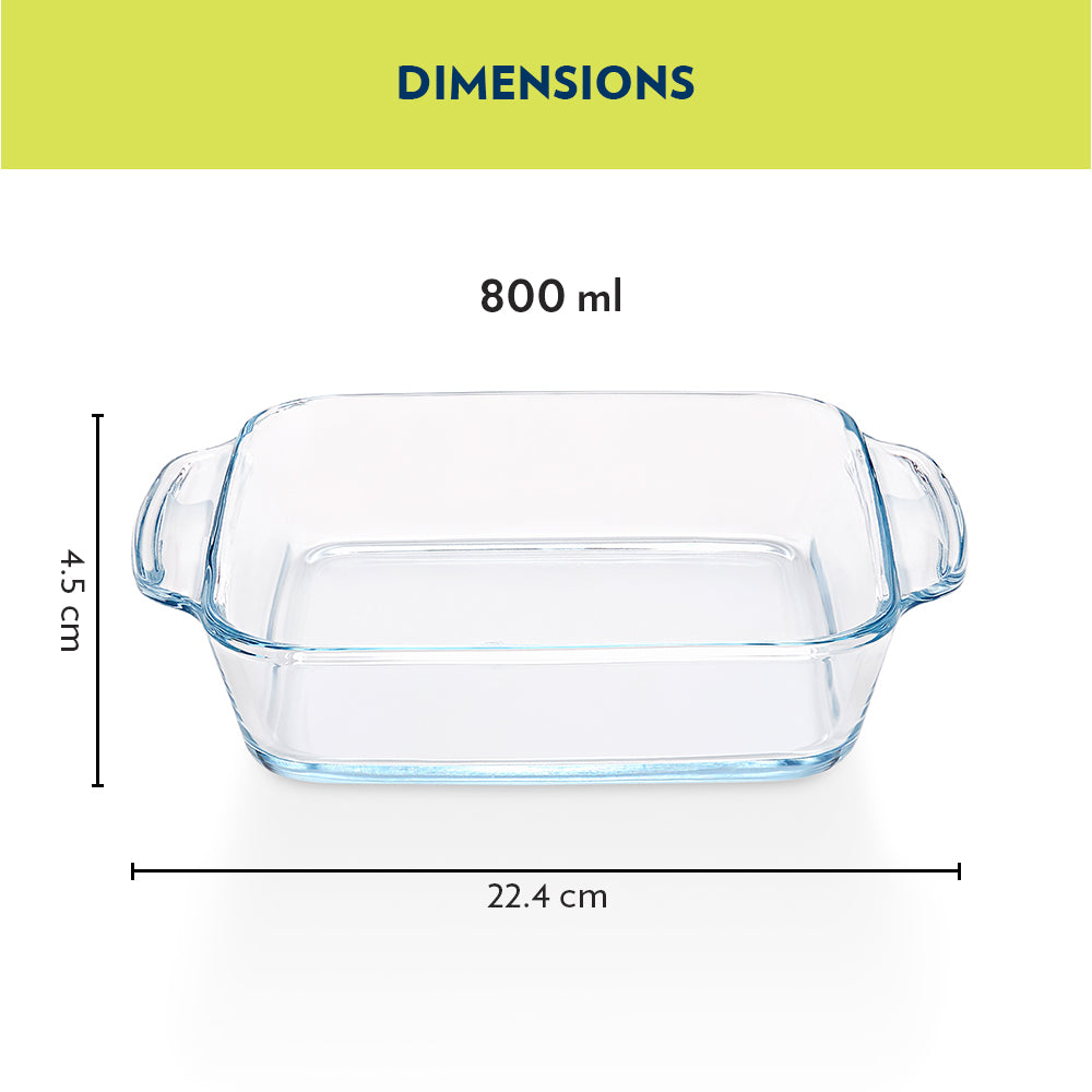 BOROSIL Square Baking Dish With Handle | Microwavable | Oven | Dishwasher Proof | Transparent | 1.6L | IH22DH12216EX
