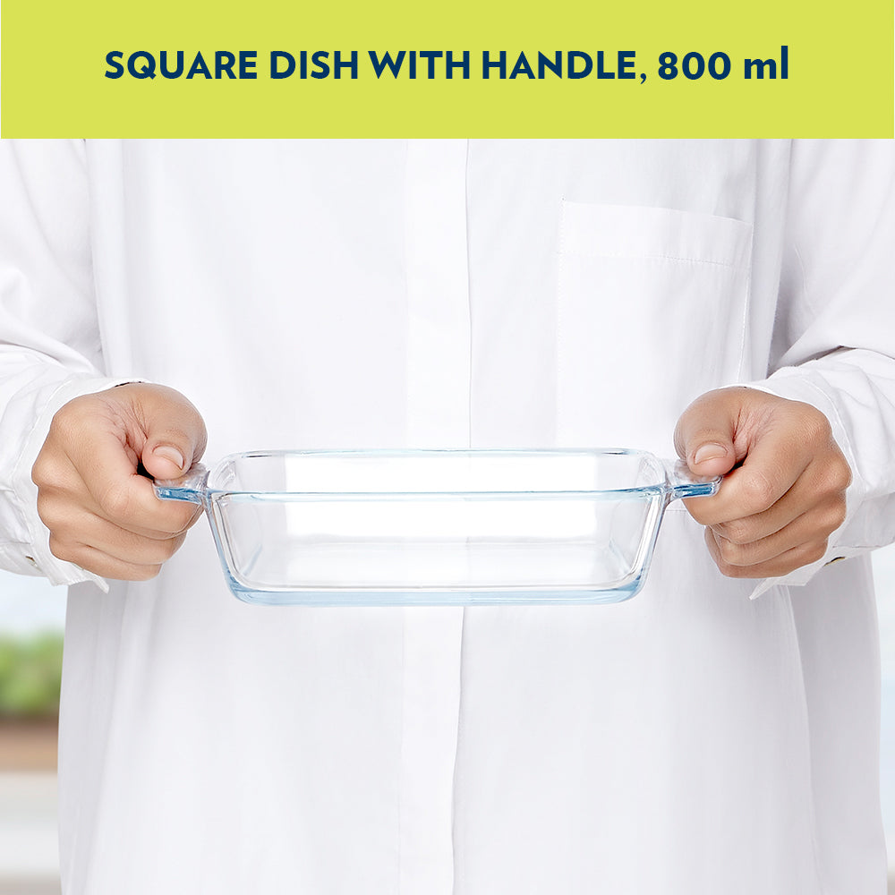 BOROSIL Square Baking Dish With Handle | Microwavable | Oven | Dishwasher Proof | Transparent | 1.6L | IH22DH12216EX