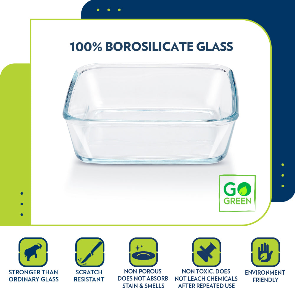 BOROSIL Square Baking Dish With Handle | Plastic Lid | Microwavable | Oven | Dishwasher Proof | Transparent | 1.6L | IH22DH18216EX