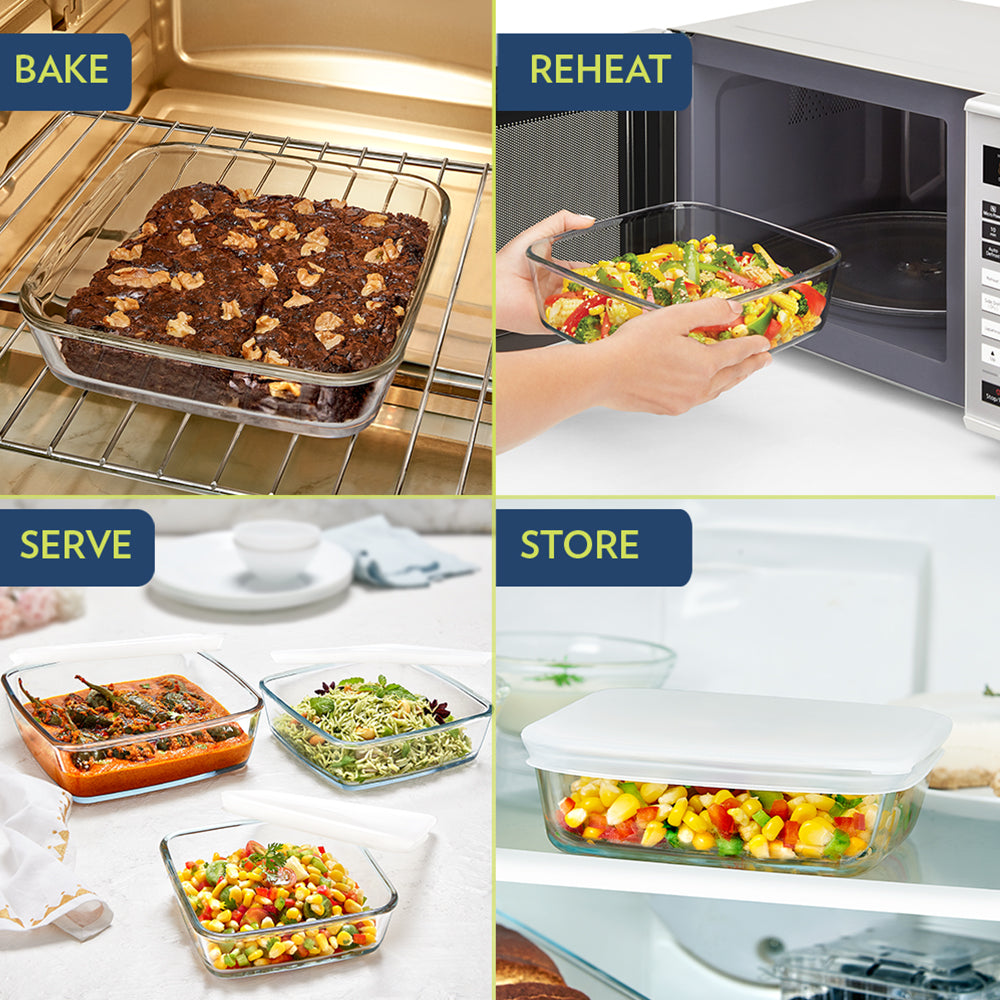 BOROSIL Square Baking Dish With Plastic Lid | Microwavable | Oven | Dishwasher Proof | Transparent | 800ml | IH22DH17180EX