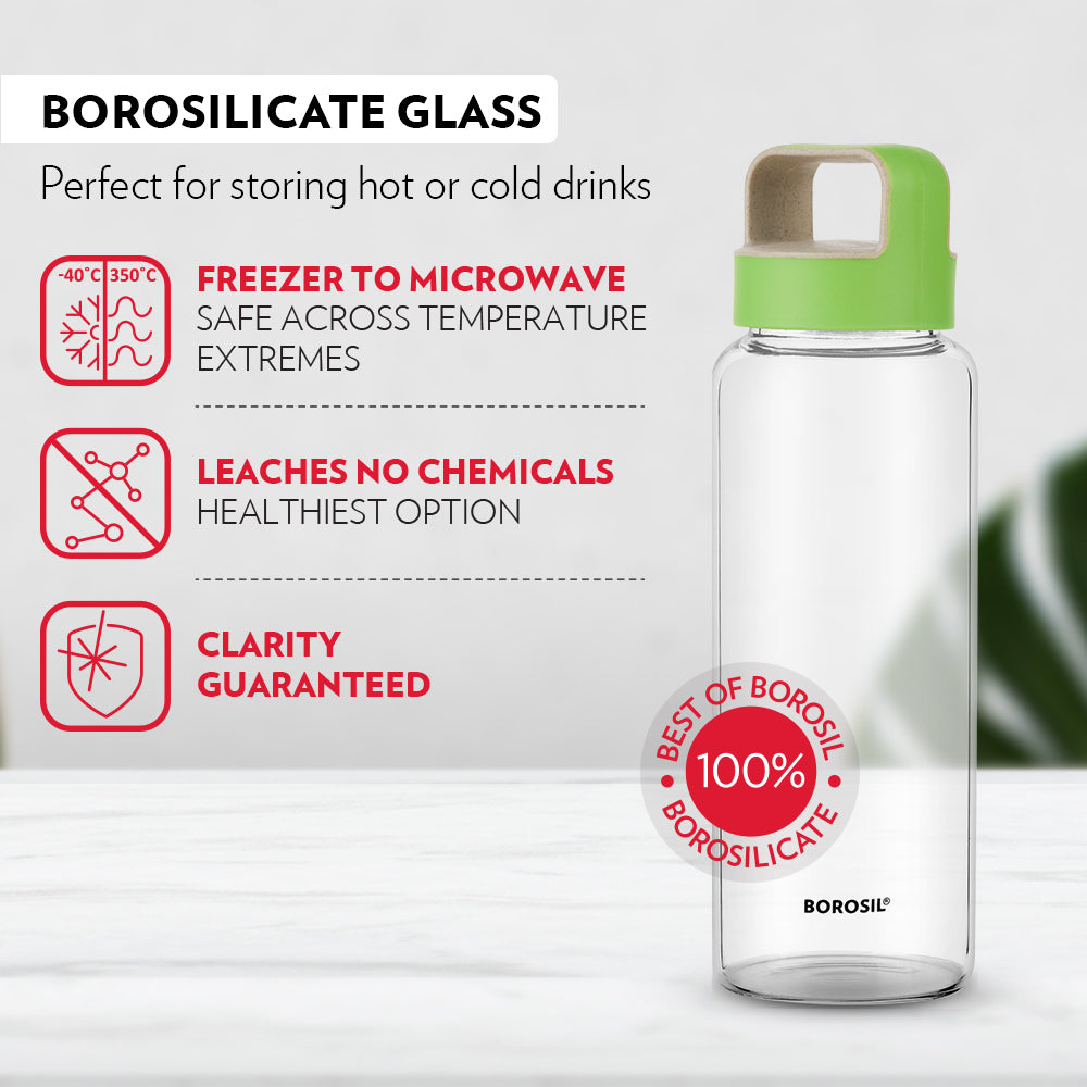 BOROSIL Neo Glass Bottle With Lid | Reusable | Refillable | Hot Water | Cold Water | Leak Proof | Microwavable | Freezer Safe | Wide Mouth Husk Lid | 1L