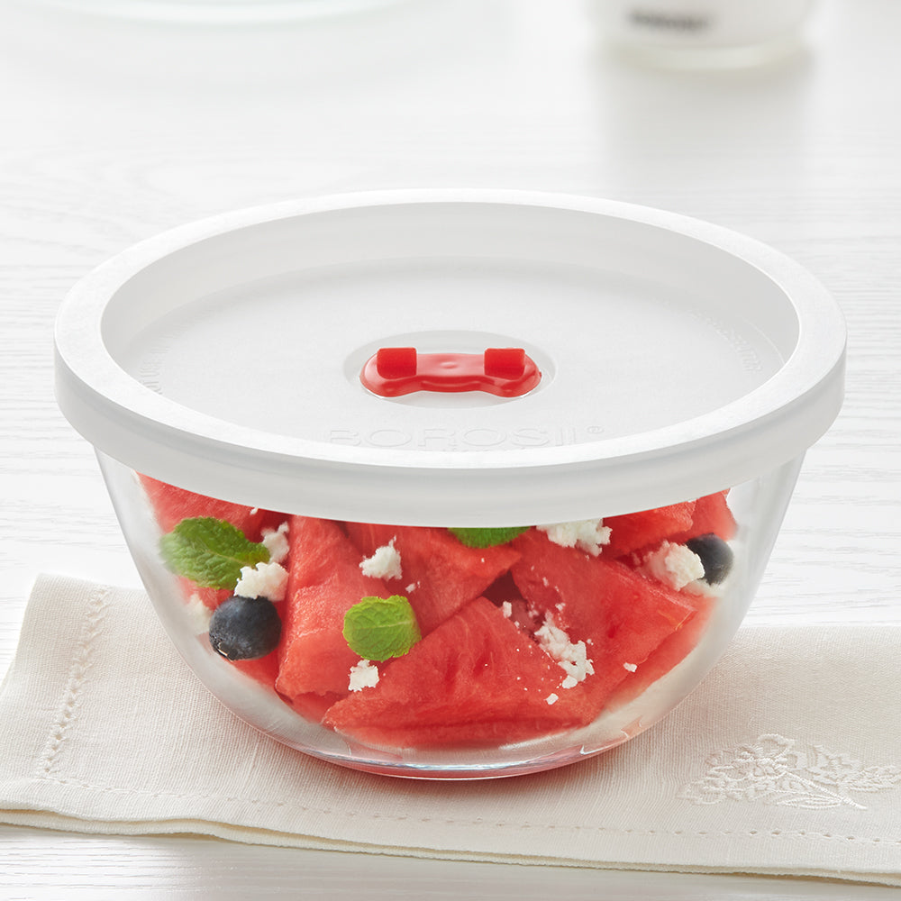 BOROSIL Glass Mixing And Serving Bowl with Plastic lid | Microwavable | Oven | Dishwasher Proof | Transparent | 500ML & 1.3L