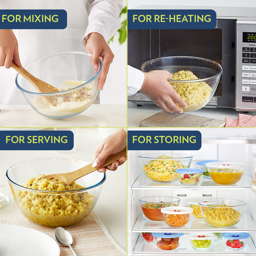 BOROSIL Glass Mixing And Serving Bowl with Plastic lid | Microwavable | Oven | Dishwasher Proof | Transparent | 500ML & 1.3L