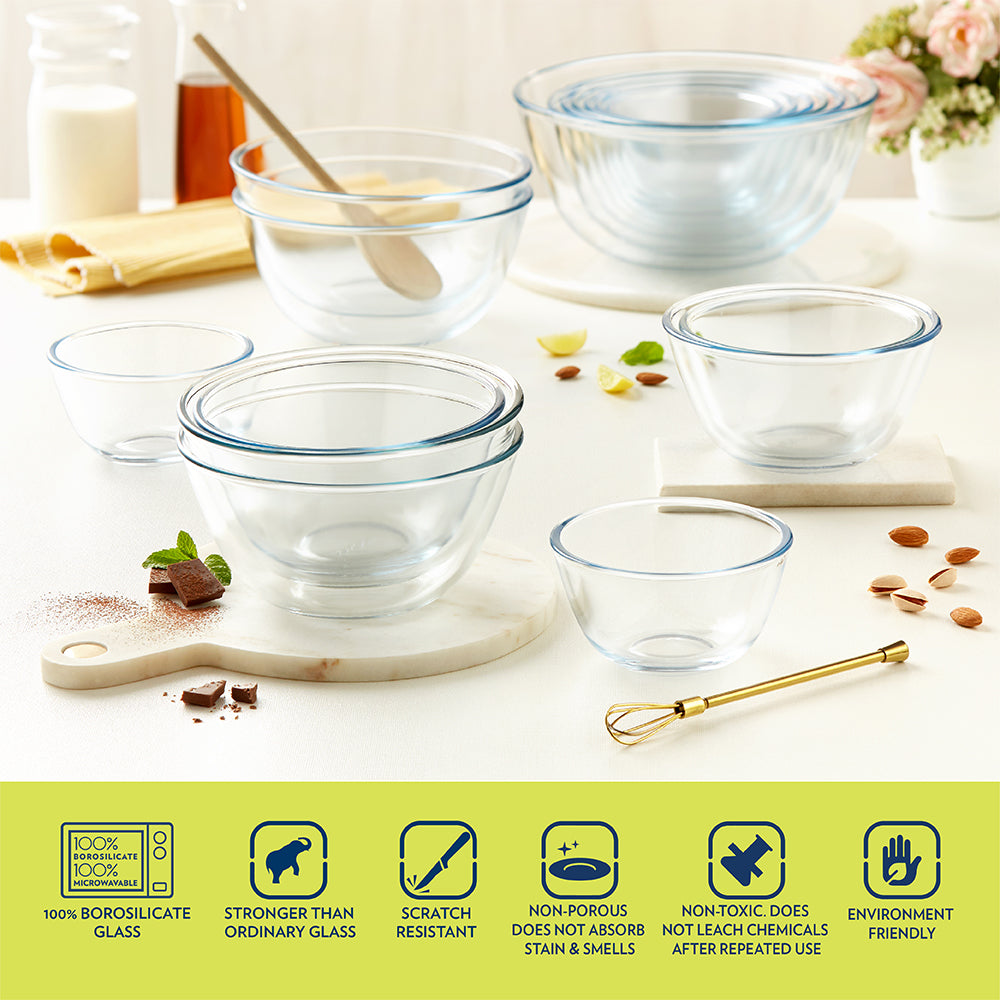BOROSIL Glass Mixing And Serving Bowl | Microwavable | Oven | Dishwasher Proof | Transparent | 900ML & 1.7L