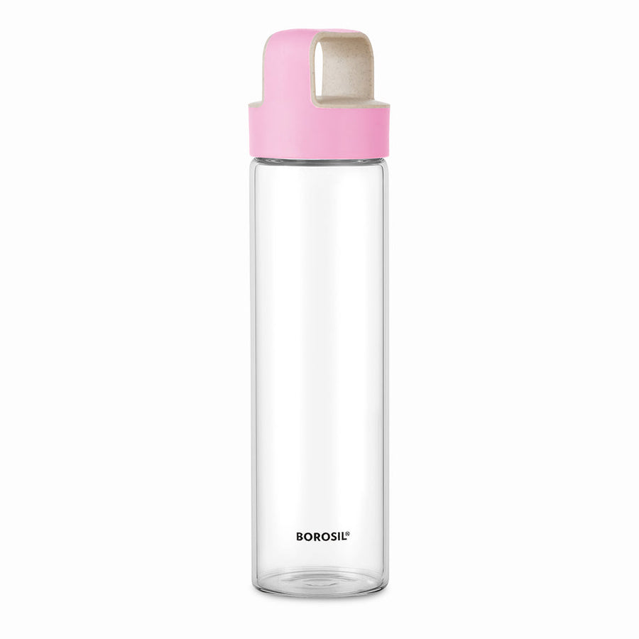 BOROSIL Crysto Glass Bottle With Pink Lid | Reusable | Refillable | Hot Water | Cold Water | Leak Proof | Microwavable | Freezer Safe | Wide Mouth Husk Lid | 550ML | BVUNEPNK550