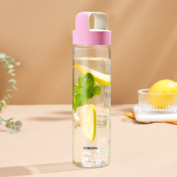 BOROSIL Crysto Glass Bottle With Pink Lid | Reusable | Refillable | Hot Water | Cold Water | Leak Proof | Microwavable | Freezer Safe | Wide Mouth Husk Lid | 550ML | BVUNEPNK550