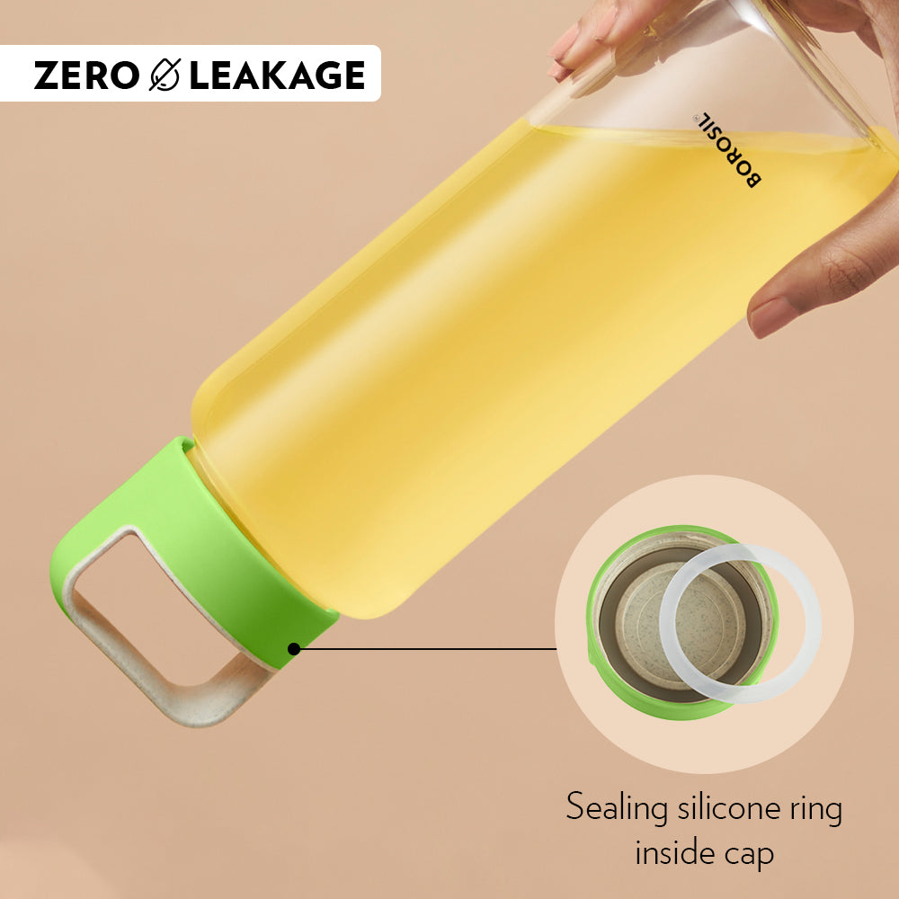 BOROSIL Neo Glass Bottle With Lid | Reusable | Refillable | Hot Water | Cold Water | Leak Proof | Microwavable | Freezer Safe | Wide Mouth Husk Lid | 1L